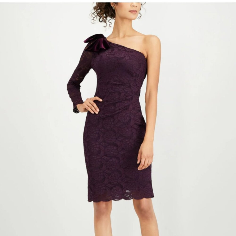 Jessica Howard Purple One Shoulder Lace Cocktail Dress Velvet Bow Size 14